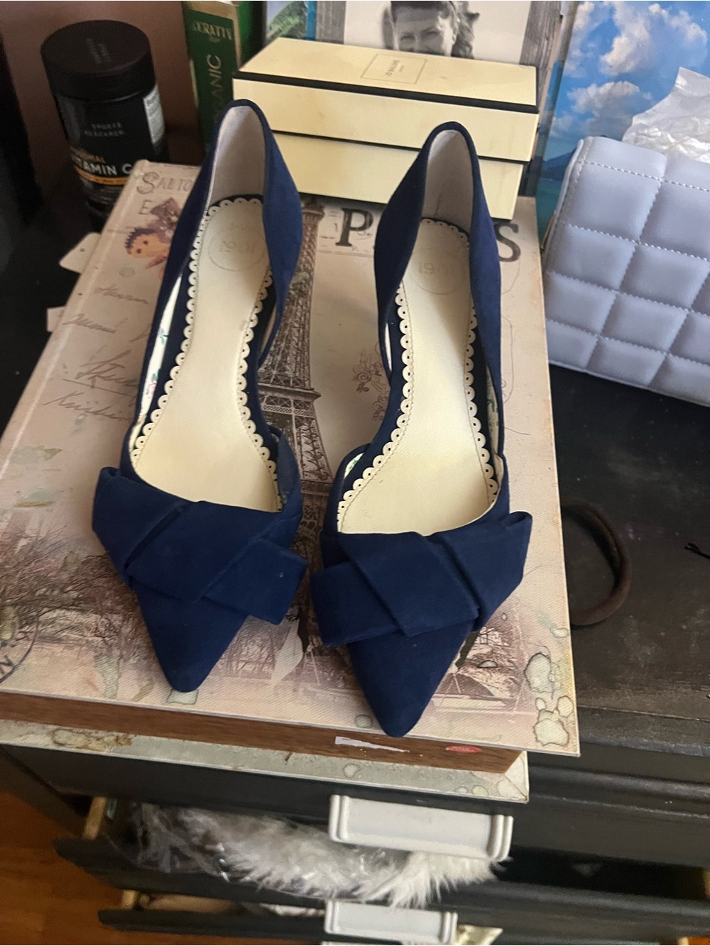 Women's Navy Pointed Bow Pumps - Elegant Heels